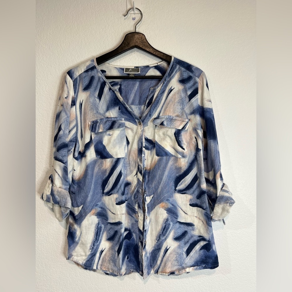 JM Collection Blue/white/pink print 100% Linen shirt size 8